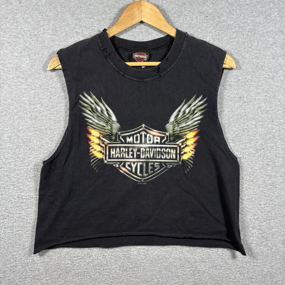 Vtg 2009 Harley Davidson Cropped Muscle Tank Top Daytona Beach FL Thrashed M Y2K